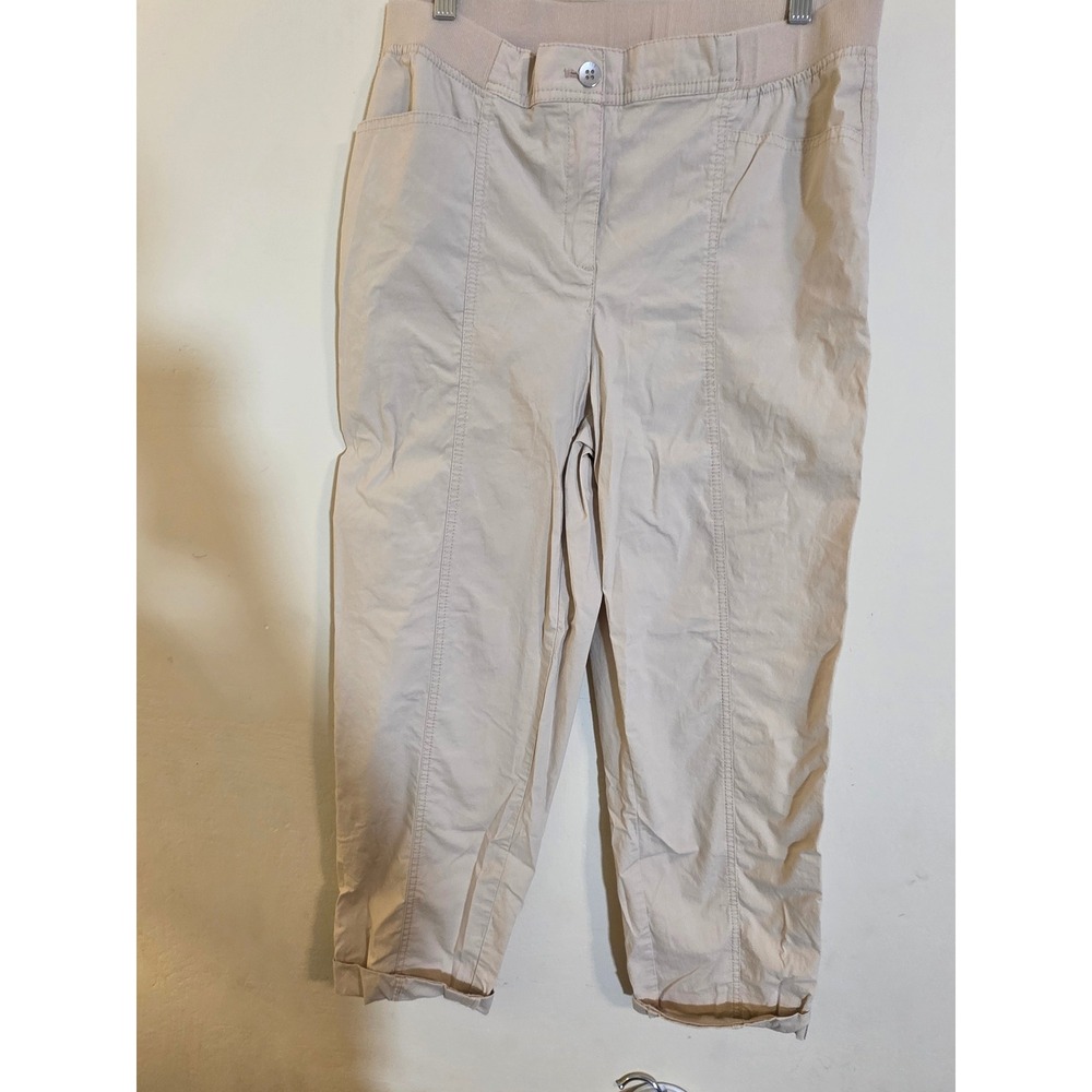 Chicos Tan Khaki Cropped Cuffed Pants Elastic Waist Size 1.5 Regular